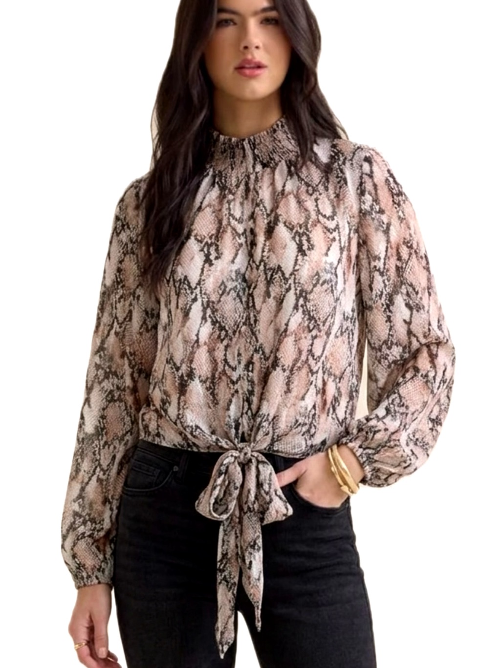 Altar'd State Sheer Snakeskin Print Long Sleeve Smocked Tie Blouse Size Small